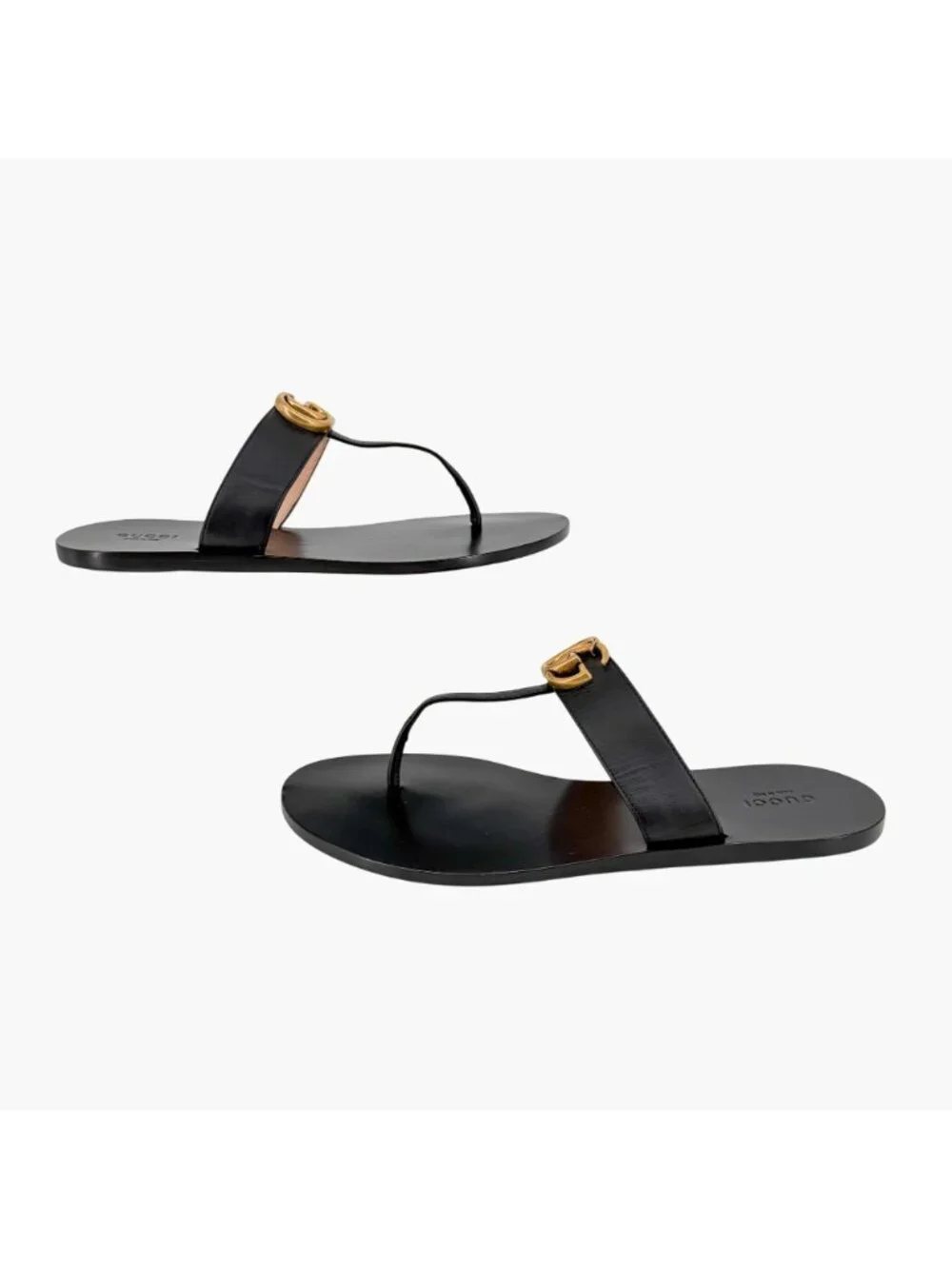 Gucci GG Marmont Thong Sandals Black Leather Size 40 US 10 Women's Flat Slides